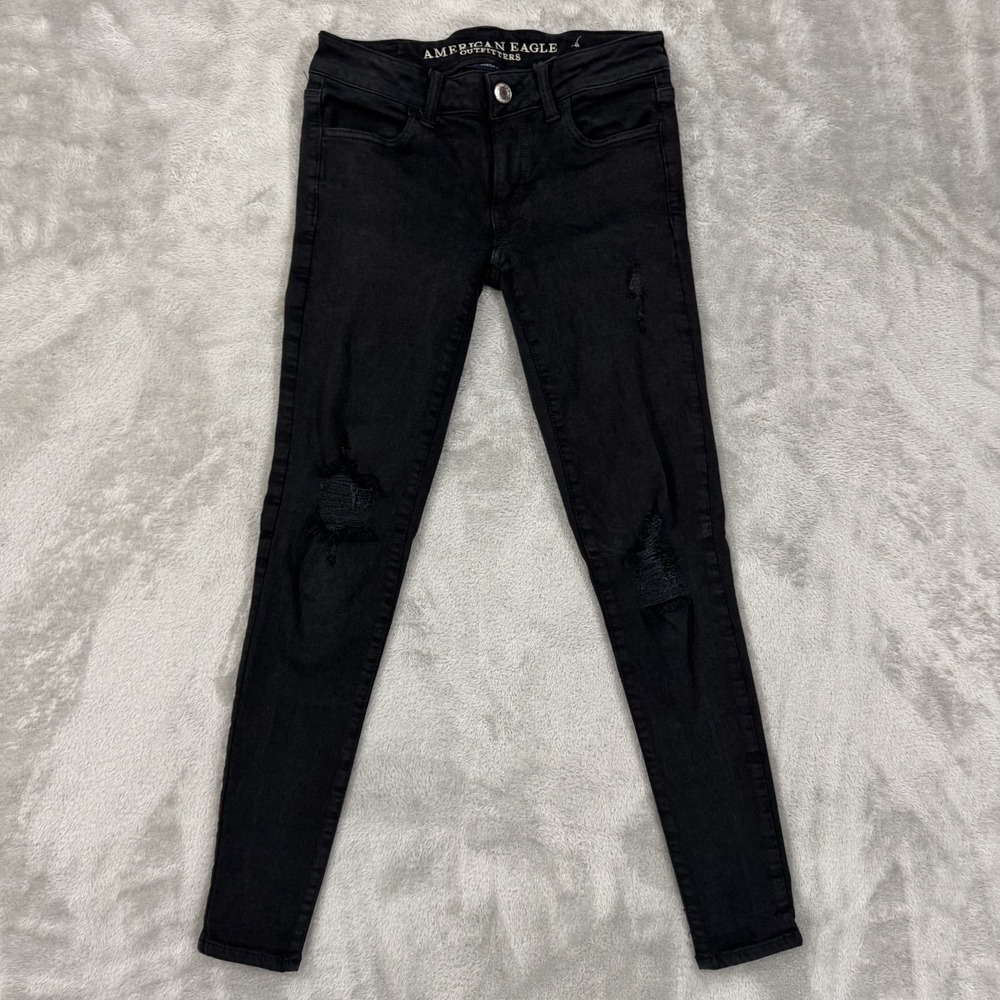 American Eagle Jeans Womens 0 Black Super Stretch X Jegging Skinny Grunge Ripped